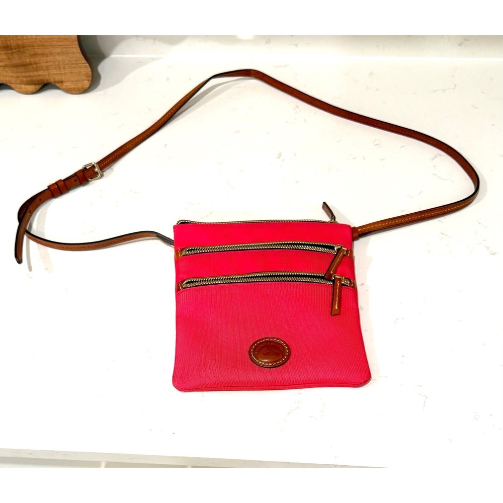 Dooney & Bourke Pink Canvas Triple Zip Crossbody Bag Tanโ Leather Trim